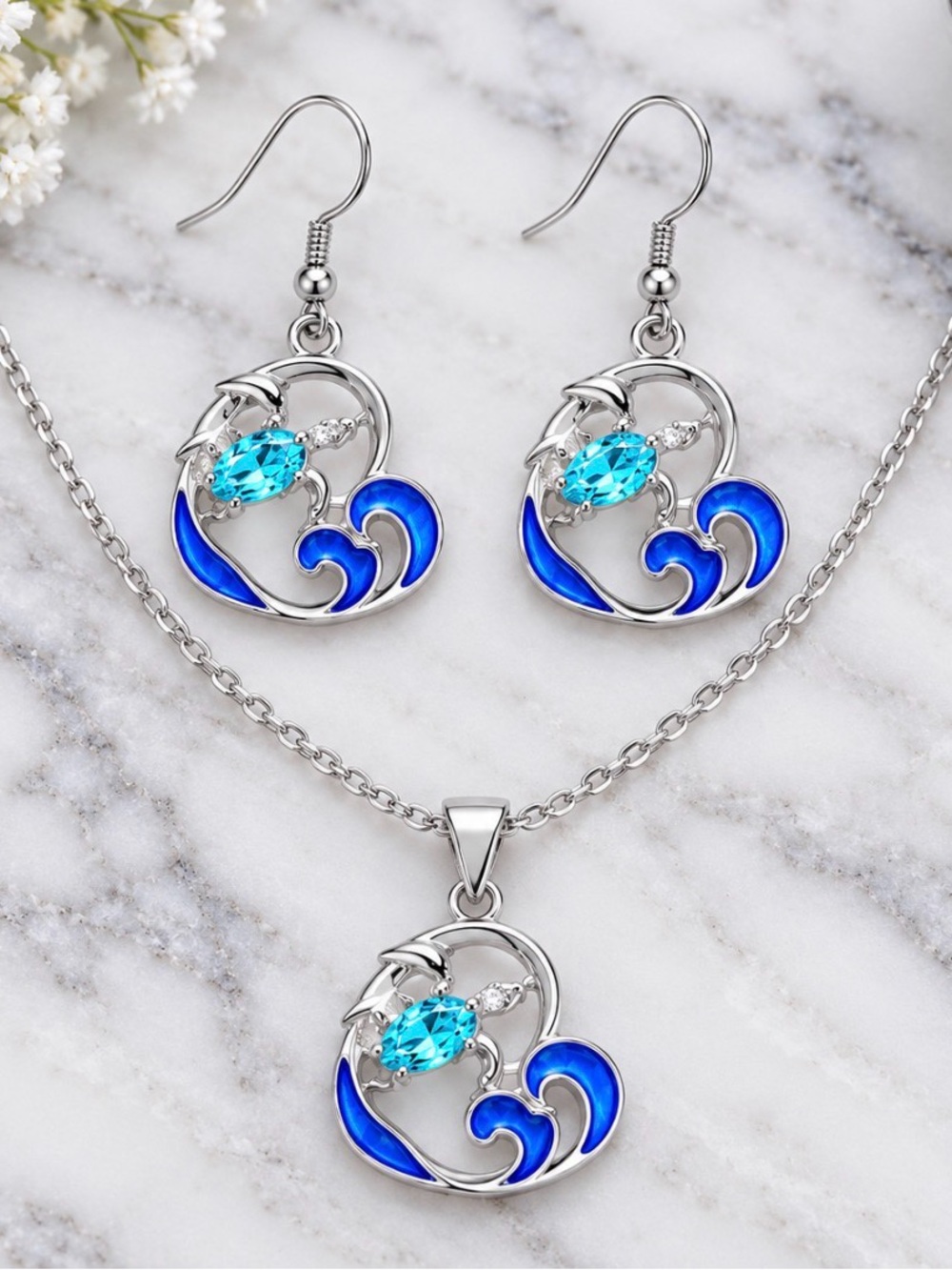 Blue Heart Turtle Pendant Necklace and Earring Set